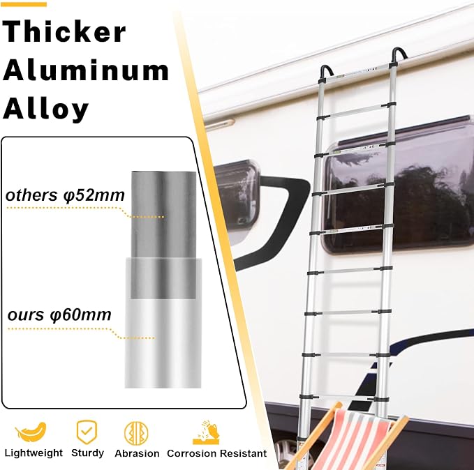 RIKADE Telescopic Ladder, 8.5 ft Aluminum Telescoping Ladder with Non-Slip Feet and Stable Hook, Portable Extension Ladder for Household and Outdoor Working, Max Load 330 lb, Aluminum