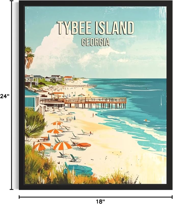 Tybee Island Beach Georgia Unframed Wall Art Print Poster, US Vintage Retro Beach Scenery Posters Prints for Restroom Home Picture Painting Artwork Gallery 219 (Tybee Island Beach Georgia, 24"L x 18"W, Unframed)
