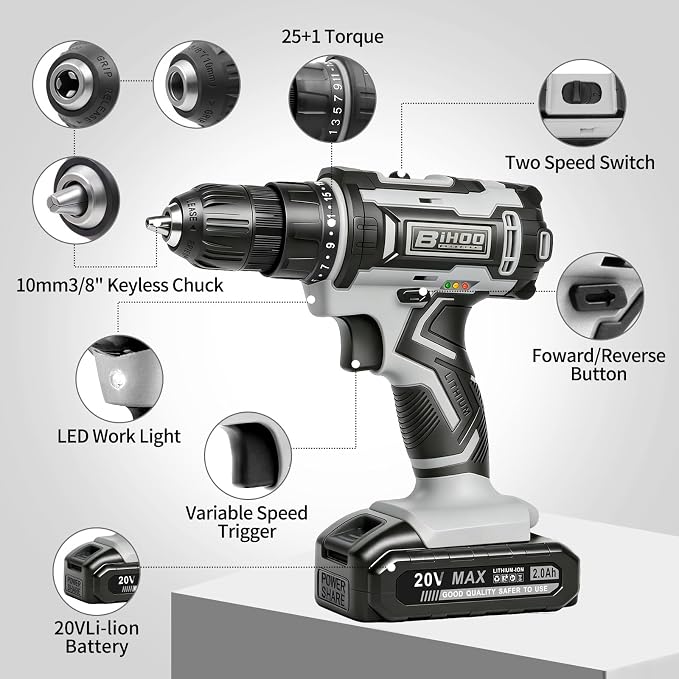 Cordless Drill Set,20V Drill Driver with Battery and Charger,3/8-Inch Keyless Chuck, Variable Speed,with Drills Bits Set,Gray