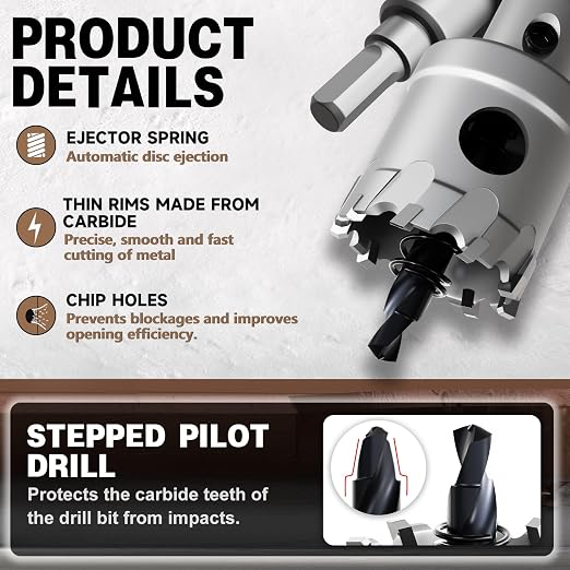 Metal Hole Saw 1"(26mm) 2Pcs Set Heavy Duty Tungsten Carbide Tipped Hole Cutters Set with a nitrided Step Drill and L-flench, for Steel Iron,Aluminum,Stainless stell
