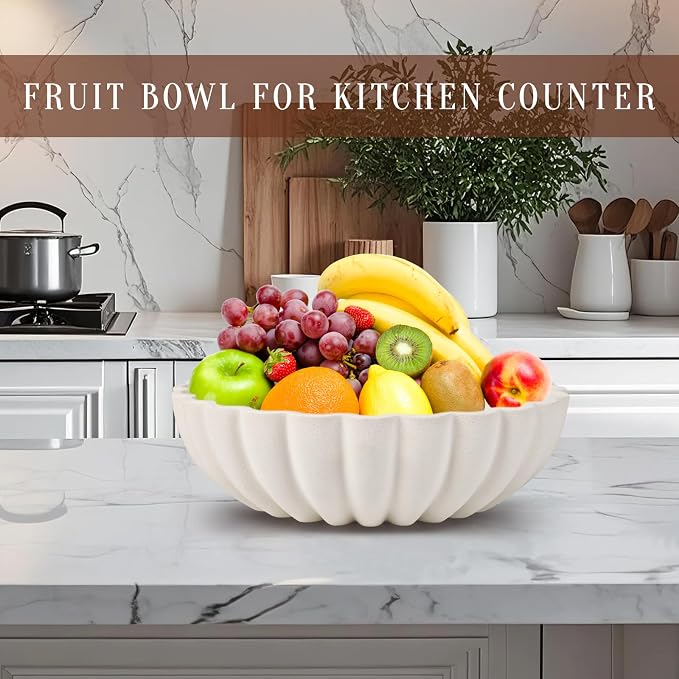 L'ARL GMVOI Large Decorative Bowl - Modern Handicraft Bowls for Home Decor - Fruit Bowl for Kitchen Counter - Key Bowl for Entryway Table - Ruffle Centerpiece Bowl Decor,Artificial Stone White