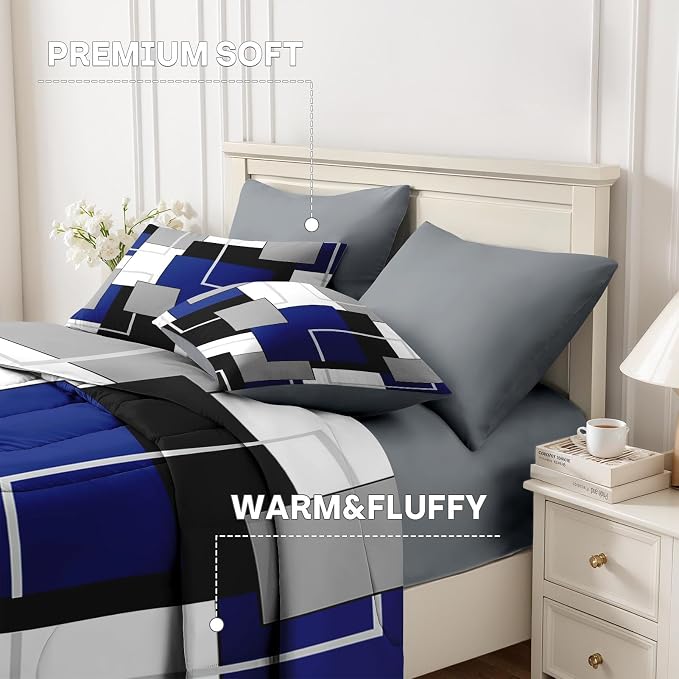 Nesker Comforter Set King Size, Blue Black Geometric 7 Pcs Bedding for Kids and Adults, Grey Abstract Modern Bed Sheet Sets with Fitted Sheet 2 Pillowcases & 2 Shams