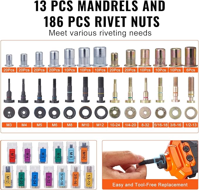 VEVOR 16" Rivet Nut Tool, Labor-Saving Rivnut Tool Kit with 13PCS Metric & SAE Mandrels, 186PCS Rivet Nuts,M3, M4, M5, M6, M8, M10, M12, 1/4-20, 5/16-18, 3/8-16,1/2-13, 8-32, 10-24 with Carrying Case