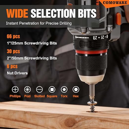 COMOWARE Drill Bit Set, 246 Pcs Screwdriver Bits for Cordless Drill, Screwdriver Drill Bits Set Combo Kit for Wood, Metal Masonry Cement, Orange Case