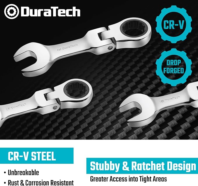 DURATECH Stubby Flex-head Ratcheting Wrench Set, Metric, 12-piece | 8mm-19mm, CR-V Steel, Corrosion Resistance, 72-Tooth, 5° swing arc, 180° Flexible, for Narrow Spaces, with Pouch