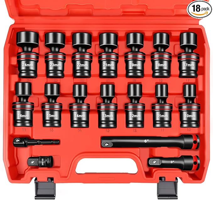 WETT 18-Piece 1/2" Drive Shallow Impact Universal Joint Socket Set, Metric Swivel Socket Set (10-24mm), Flexible Wobble Sockets with 3", 6" Extension Bar, Adapter, 6 Point