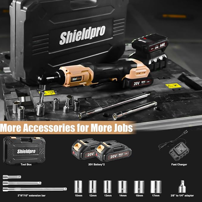 20V Electric Ratchet Wrench Set, 3/8" Cordless Ratchet Kit 400RPM, Torque Ratchets, LED Light, 2 Batteries, Fast Charger, Sockets, Adapters, Extension Bars (Yellow)