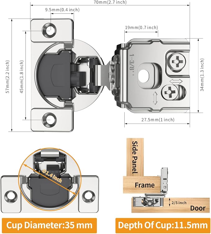 Chibery 2 Pack 1-3/8" Overlay 3D Soft Close Concealed Hinge for Face Frame Door, Smooth Slow Self Closing Hinges, Satin Nickel, Hidden 105° Open Angle Stainless Steel Hinge for Kitchen Cabinet Door