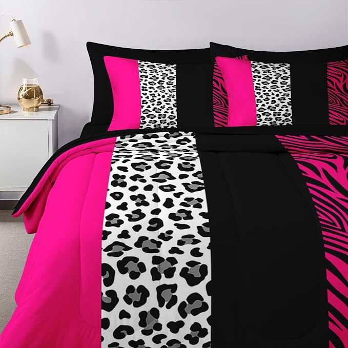 Nesker Comforter Set Full Size, Leopard Color Block Pink 7 Pcs Bedding for Kids and Adults, Wild Zebra Print Bed Sheet Sets with Fitted Sheet 2 Pillowcases & 2 Shams