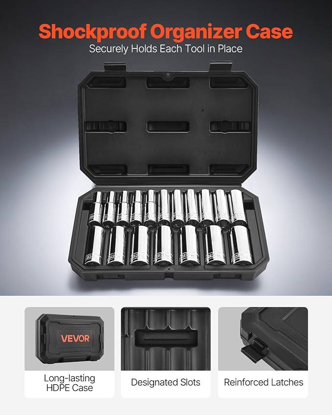 VEVOR Socket Set, 18 Pieces, 1/2 inch Drive Socket Tool Set, Metric Size from 10 to 27 mm, Mechanic Tool Kit with Storage Case, Clear Markings, Chrome Plated CR-V Alloy Steel, for Automotive Repair | Mechanic Tool Set with Storage Case, Clear Markings,...