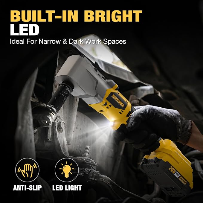 20V Brushless Right Angle Impact Wrench, 1/2", 207 FT-LBS | Slim 90°head, 2 batteries,2-speed control,LED light, for Tight Spaces, Automotive Repair, Engine Bay & Machinery Maintenance
