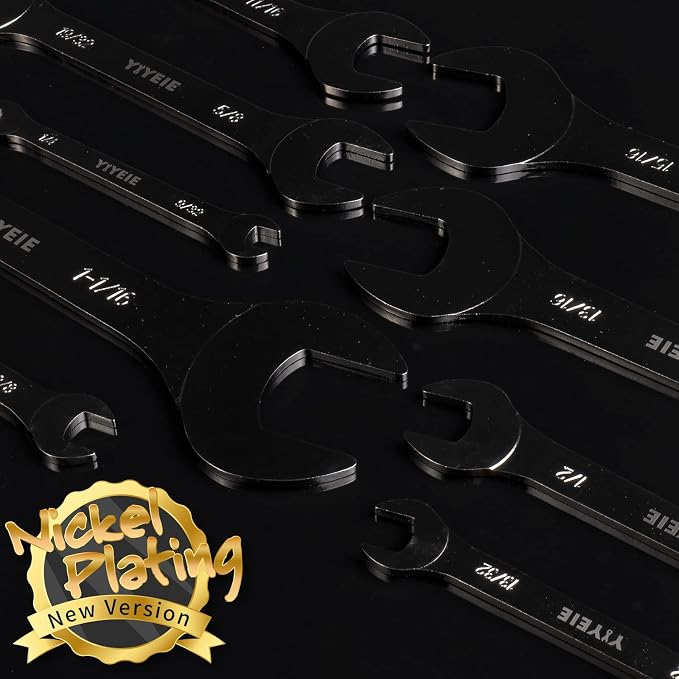 YIYEIE 9Pcs Super-Thin Wrench Set, Nickel Plating | CR-V Steel | SAE 1/4" to 1-1/16", Flat Thin Wrenches for Tight Space, 3mm Ultra-Slim, Dual Open End Wrench Set with Rolling Pouch