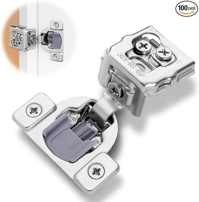 Decobasics 100 Pack Soft Close Cabinet Hinges – 1" Overlay for Kitchen Cabinet Doors, Face Frame Concealed Hidden Hinges – Stainless Steel, Self-Closing with 3-Way Adjustment & Slow Close Damper
