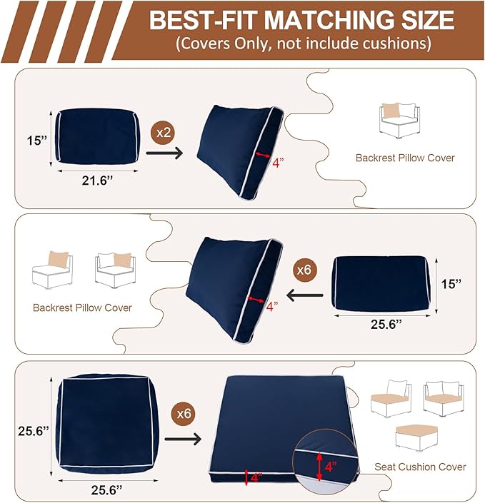 14 Piece Outdoor Patio Cushion Covers Replacement, Waterproof Outdoor Furniture Cushion Covers, Fit 7 Pcs 6 Seater Wicker Rattan Conversation Sofa Set, Navy Blue+White Piping(Only Cover) 25.6x25.6"