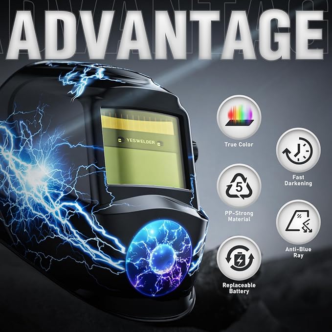 YESWELDER Auto Darkening Welding Helmet, Blue Light Blocking, 1/1/1/1 True Color Solar Powered Welding Hood with 2 Arc Sensors, Wide Shade 3.5/9-13 Welder Mask for TIG MIG ARC and Grind