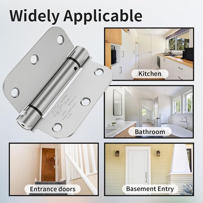 4 Pack Self Closing Door Hinges 3.5 Inch, Spring Door Hinge with 5/8'' Radius Corners, Adjustable Tension for Garage, Front, Back Door, UL Listed, Left and Right Hand, Brushed Nickel