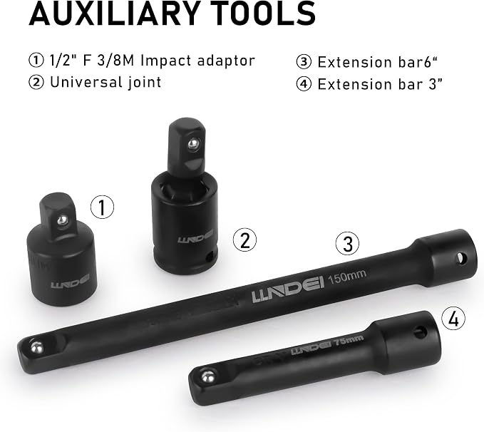 3/8" Drive 48Pc Impact Socket Set SAE/Metric Fits Various Wrenches | SAE and Metric (5/16"- 3/4", 8-22mm), Extension Bar (3-in, 6-in), 1/2"F to 3/8"M Reducer Universal Joint