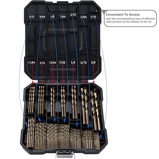 Cobalt Drill Bits Set for Hardened Metal and Stainless Steel, 99Pcs M35 High Speed Steel Twist Jobber Drill Bits 1/16"-3/8", with Plastic Index Storage Case