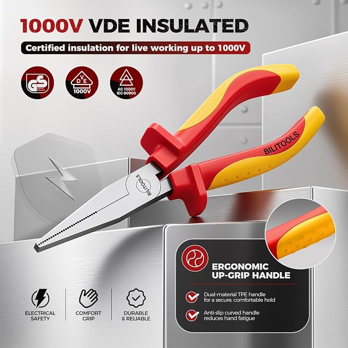 BILITOOLS 1000V Insulated Flat Nose Pliers, 6 inch, Wide Jaws, Cr-V Steel