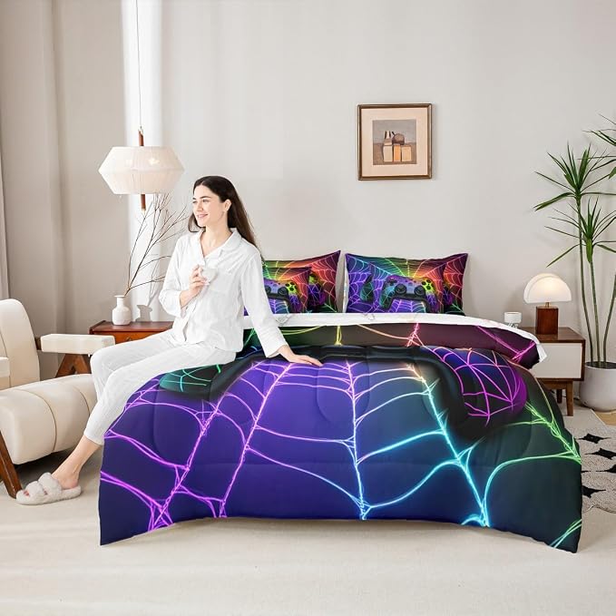 Gaming Consoles Bed in a Bag Queen Comforter Set 7 Piece,Rainbow Spider Web Video Game Bedding Set,Gamer Comforter and Sheet Set Gothic Cobweb Bed Set,Gamer Decor for Boys Bedroom Decor
