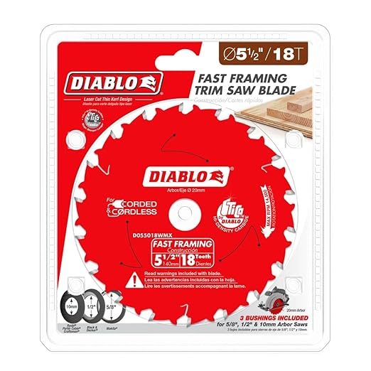 Diablo Fast Framing Saw Blade for Wood - Hi-Density Carbide - 5-1/2" Diameter, 18 ATB Teeth, 20mm Arbor, .049" Kerf, 18° Hook Angle, .039" Plate, 12000 Max RPM - D055018WMX