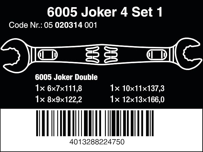 Wera 05020314001 6005 JOKER 4 SET 1 DOUBLE OPEN-ENDED WRENCH SET, 4 PIECES