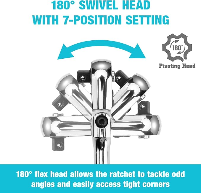 DURATECH 3-Piece Flex-Head Ratchet, 90-Tooth Quick-Release Ratchet Wrench | 1/4", 3/8", 1/2" Socket Wrench with 180° Pivoting Head & 7-Position Setting, Reversible, CR-V Made, CR-MO Head, Full Polished