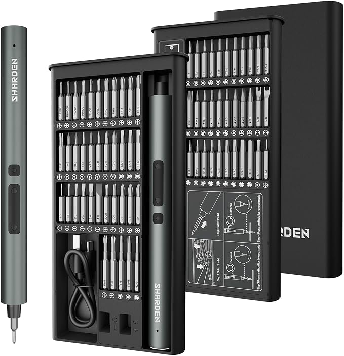 SHARDEN 75 IN 1 Mini Electric Screwdriver Set, 71 S2 Precision Bits, 3 LED Lights, Magnetic Storage, USB Charging Cable, Mini Power Screwdriver Repair Tool Kit for PC, Electronics, Tech