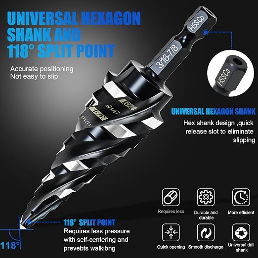 M35 Four Spiral Flute Step Drill Bit Set 3/16" - 7/8" （12 Sizes ）, 1/4" Hex Shank Drill, Impact Resistant M35 HSS Unibit Step Drill bit, for Stainless Steel, Wood, Aluminum, Plastic, Great for DIYers