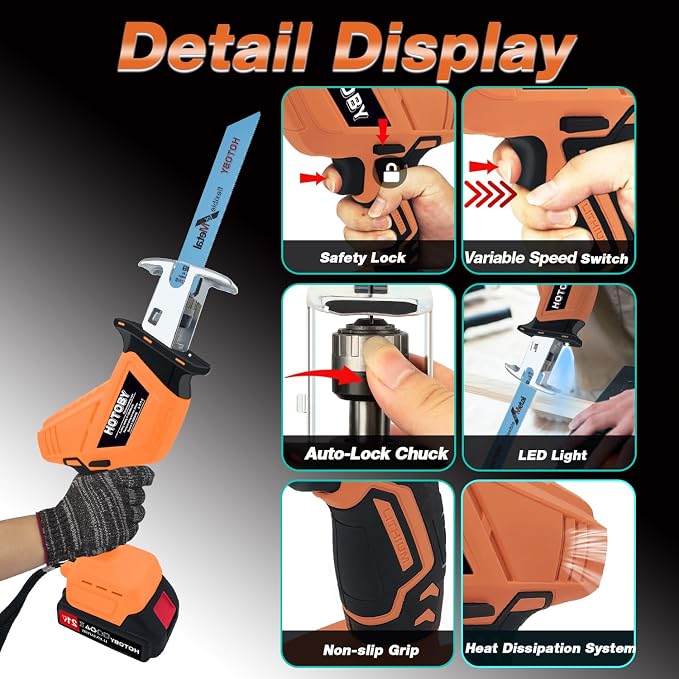 Reciprocating Saw, Cordless, Electric Reciprocating Saw with 2 Batteries, Includeds 8 Blades Kit, Tool-free Blade Change, Variable Speed, Multi-Purpose, For DIY Wood Metal PVC Cutting (Orange)