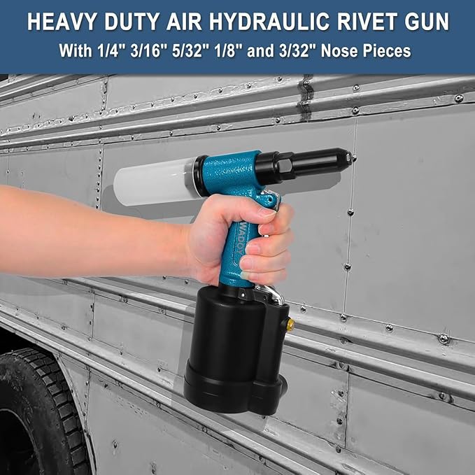 Wadoy Air Rivet Gun Kit,3500 lbf Pneumatic Rivet Gun Heavy Duty Air Riveter with 4 Nosepieces (3/32",1/8",5/32",3/16")&Hydraulic Riveting System, Industrial Air Rivet for Manufacturing, Metal Work