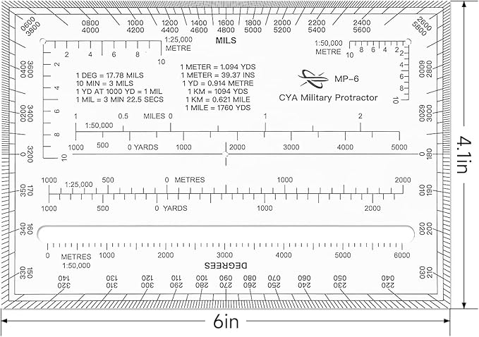 CYA Square Military Map Coordinate Scale Protractor Map for Land Navigation, Military Style UTM/MGRS Coordinate Scale