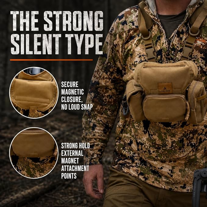 Extra Storage Bino Harness - Binocular Chest Pack, Hunting Rig | Waterproof 500D Cordura, StealthStalk quiet fabric, rangefinder pouch, silent magnetic closure