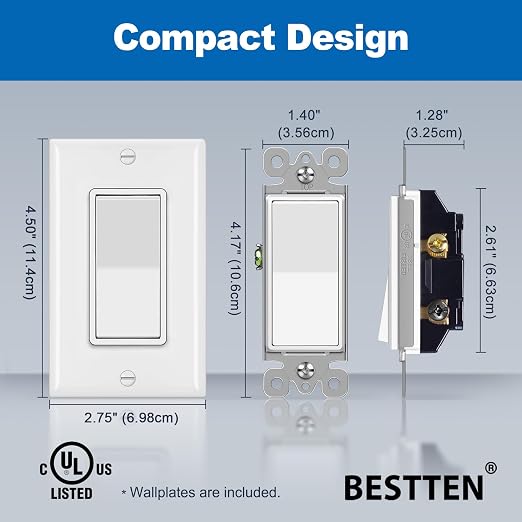 BESTTEN 30 Pack 3-Way Decorator Wall Light Switch with Wallplate, 15A 120V/277V, Single Pole or Three Way, On/Off Rocker Paddle Wall Switch, 3 Wire, Residential and Commercial Grade, UL Listed, White