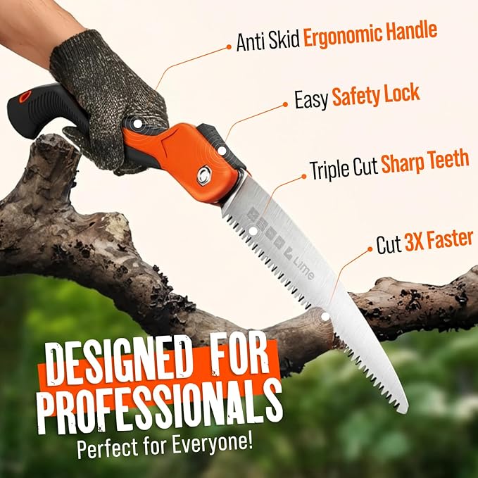 Folding Camping saw 14 Inch - Heavy Duty Pruning Saw with Triple-Cut SK5 Blade, 7 TPI Razor Teeth for Tree Trimming, Wood Cutting, Camping, Bushcraft, and Gardening