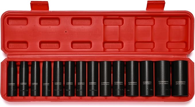 CASOMAN 1/2-Inch Drive Deep Impact Socket Set, 14 Pieces Set, 10mm-27mm, CR-MO, Metric, Heavy Duty Storage Case