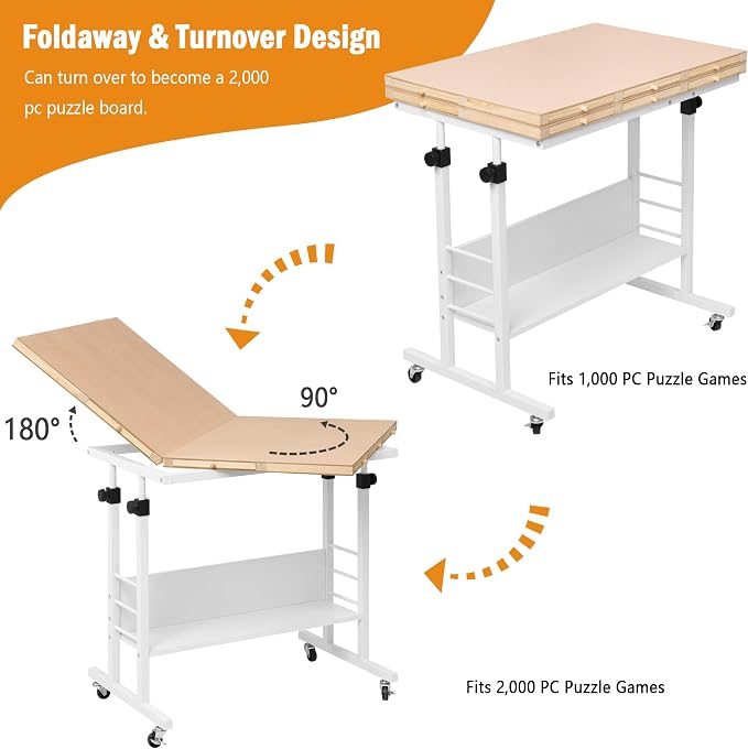Tektalk 2000 Piece Foldable Puzzle Board with Height Adjustment, Jigsaw Puzzle Table with 2 Felt Cover & 8 Sorting Trays/Drawers, Puzzle Easel with Legs, Enclosed with 4 Roller Wheels (White)