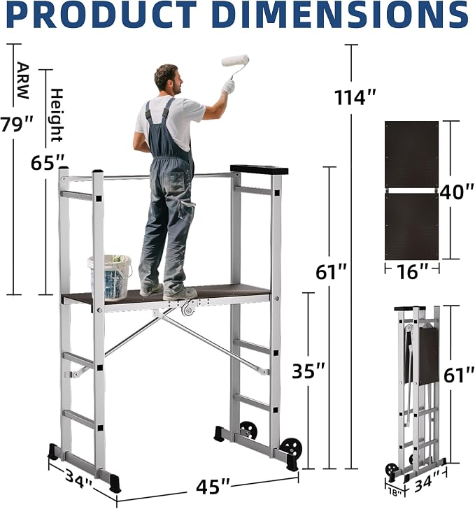 APARECIUM 5' Foldable Aluminum Scaffolding, Portable Scaffolding Ladder, Rolling Scaffolding Work Platform, Scaffold Tower, Ladder Stool Work Bench, Adjustable Work Platform, 330 Lbs Duty Rate