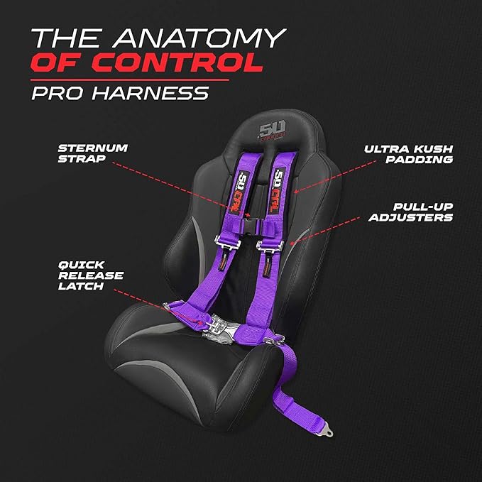 1pc 50 Cal Purple 4pt 4 Point Harness 3" straps, Racing Harness Seat Belt | Ultra Kush padding, Push Button quick release hardware. Universal Fit for UTV, RZR, race car