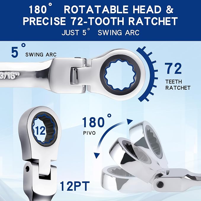 Qnkaa 24pcs Flexible Ratcheting Wrench Set Metric 8-19mm & SAE 1/4" to 7/8" | 180° Flex-Head Spanner, Gear Ring Ratchet, Combination Wrenches Kit,,Cr-V Steel With Pouches
