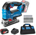 DongCheng 20V Brushless Jigsaw, 800-3500 SPM, 26mm Stroke, 0-45° Bevel | 4Ah Battery & Fast Charger | 6 Blades Kit, Guide Rail, Tool Bag Included for Wood, Metal Cutting