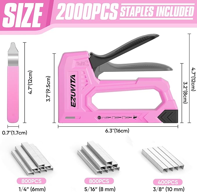 Light Duty Staple Gun for Wood, Pink Upholstery Staple Gun Kit with 2000pcs JT21 Staples 1/4, 5/16, 3/8 inch and Staple Remover, Stapler Gun for Crafts, DIY, Classroom, Mothers Day Gift