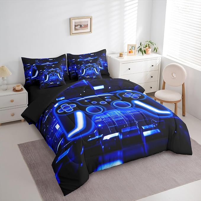 Gamer Bed in a Bag Queen Comforter Set 7 Piece, Gaming Bedding Sets Neon Lights Video Game Console Comforter and Sheet Set, Blue Brick Cube Room Decor,Gamer Decor for Boys Bedroom
