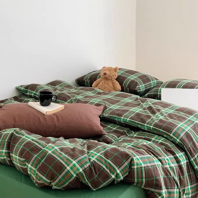 Sedefen Gingham Duvet Cover Queen Brown Vintage Plaid Bedding Set with Green Checked Kids Boys Girls Retro Soft Microfiber Breathable Duvet Cover Set