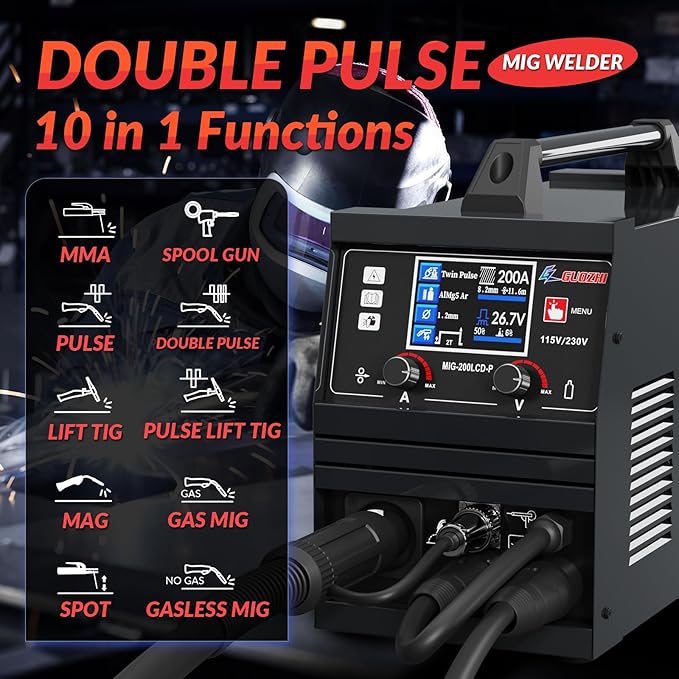 GZ GUOZHI Aluminum MIG Welder, 200A 10 in 1 Double Pulse MIG/Gas MIG/MAG/Gasless Flux Core MIG/Stick/Lift TIG/Spot welding/Spool Gun 110V/220V Multi Process Welding Machine with LCD Digital Display