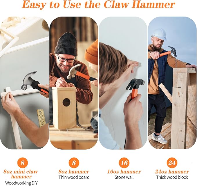 2pcs 16oz Claw Hammer, Straight Rip Claw Hammer, Fiberglass General Purpose Hammer with Smooth Face & Non-slip Grip