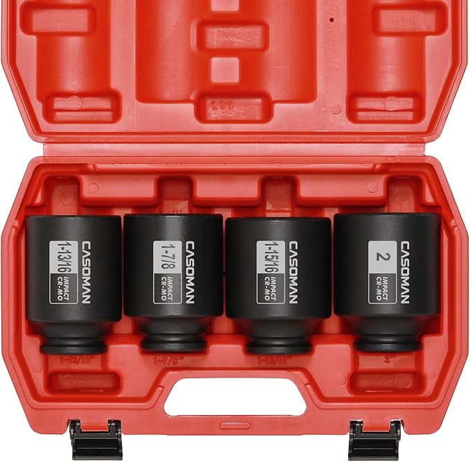 CASOMAN 4 Pieces 1/2" Dr. Deep Impact Socket Set, 1/2-Inch Drive Spindle Axle Nut Impact Socket Set, 1-13/16", 1-7/8", 1-15/16", 2", CR-MO, 6-Point, SAE
