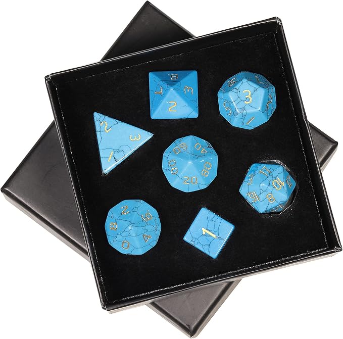 mookaitedecor 7 PCS Blue Howlite Turquoise Crystal Polyhedral DND Dice Set, Polished Tumbled Stones Dices for RPG MTG Table Games Home Decoration