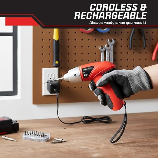 25-Piece Electric Screwdriver Set - Cordless Drill with LED Work Light, Automatic Spindle Lock, and Screw Driver Bits by Stalwart (Red)