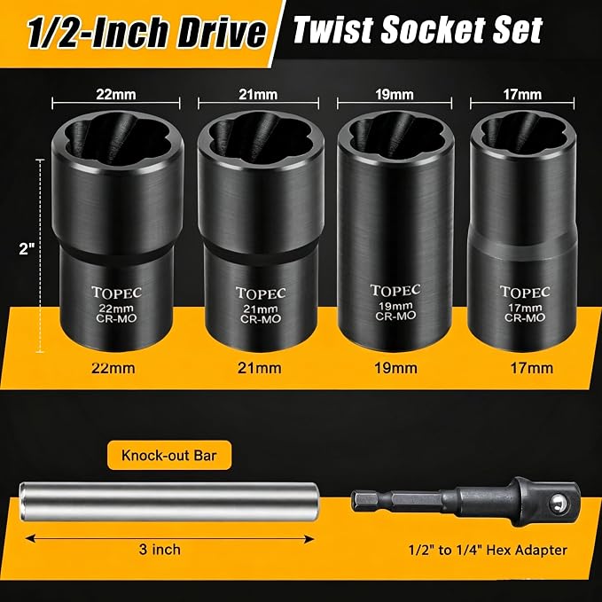 Topec 6PCS Wheel Lock Removal Kit, 1/2-Inch Drive Lug Nut Removal Tool, 17,19,21,22mm Stripped Lug Nut Remover, Extractor Socket Set for Broken, Damaged, Rounded Bolts